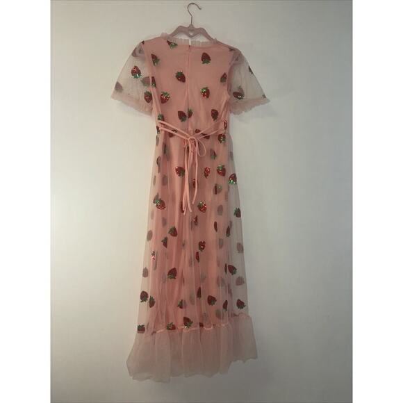 Strawberry Maxi Dress Sequin Fruit Spring Tulle Cottagecore Sz Med Pink Fairy Pr - Picture 8 of 8